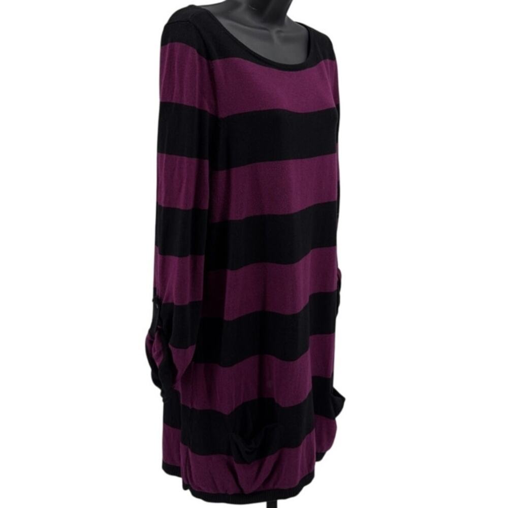 Caslon Sweater Tunic Womens L Berry Black Striped Roll Tab Sleeves Knit Pullover - Picture 3 of 7